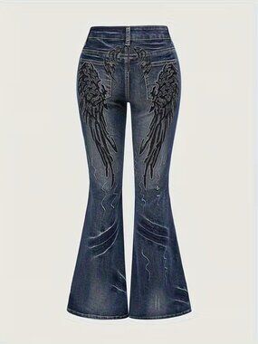 Wings Embroidered Flared Denim Blue Jeans